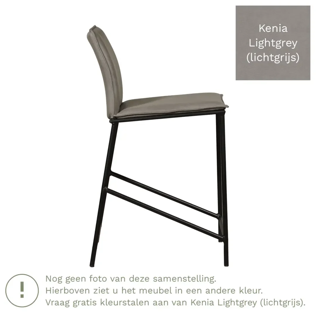 afbeelding van Leren barkruk laag Favor - Kenia Lightgrey (lichtgrijs) - poten staal rond zwart